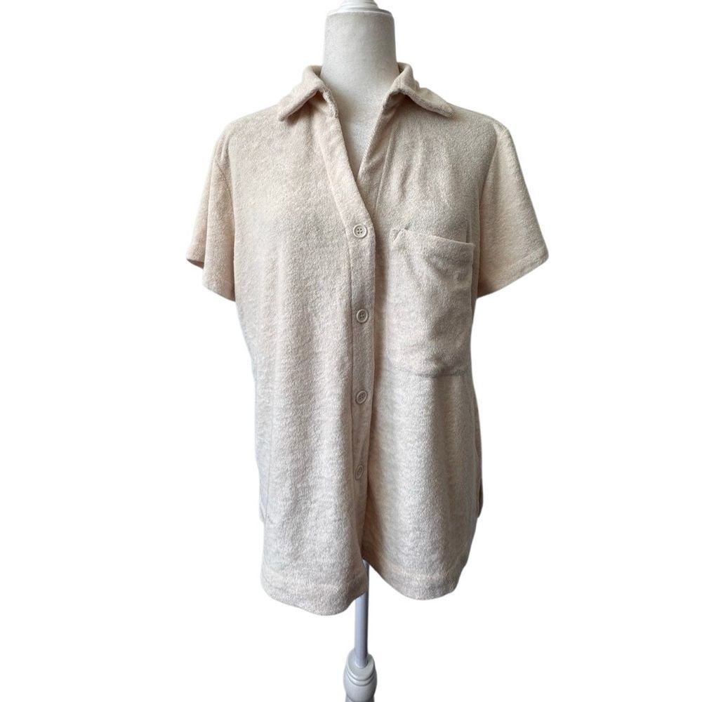 Meshki Cream Terry Knit Top Terrycloth Short Sleeve SZ M